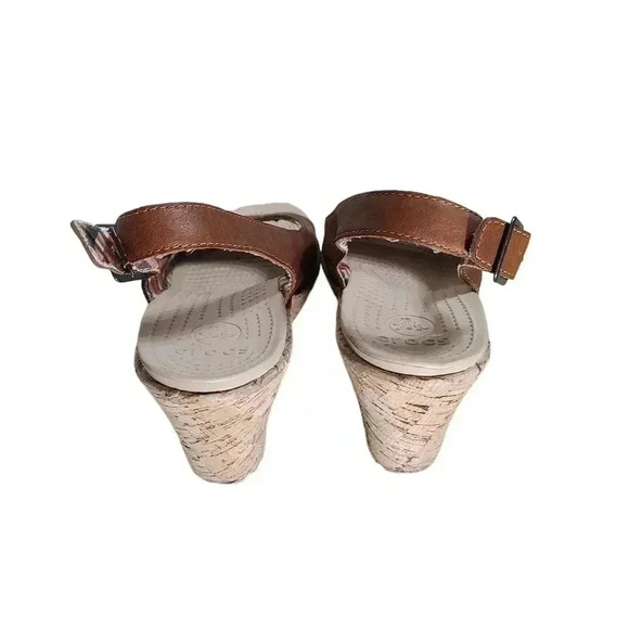Crocs Womens A-Leigh Brown Leather Slingback Peep Toe Cork Wedge Sandals - Picture 5 of 5
